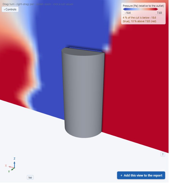 Pressure on a section cut through the silo: high on the windward side, suction in the wake.